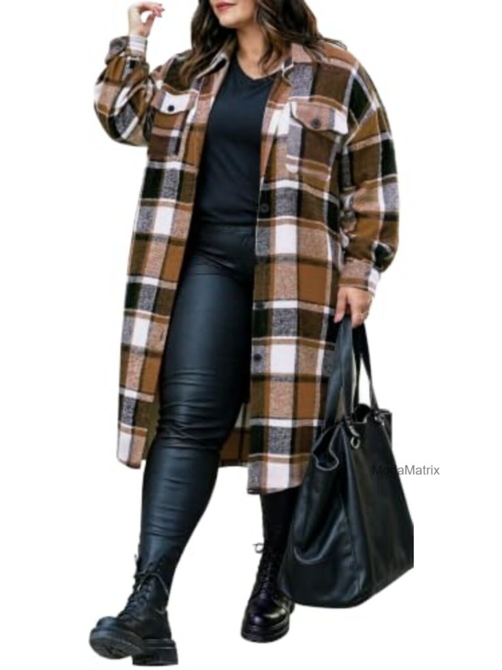 Womens Plus Size Flannel Plaid Shacket Button Down Midi Oversized Jacket